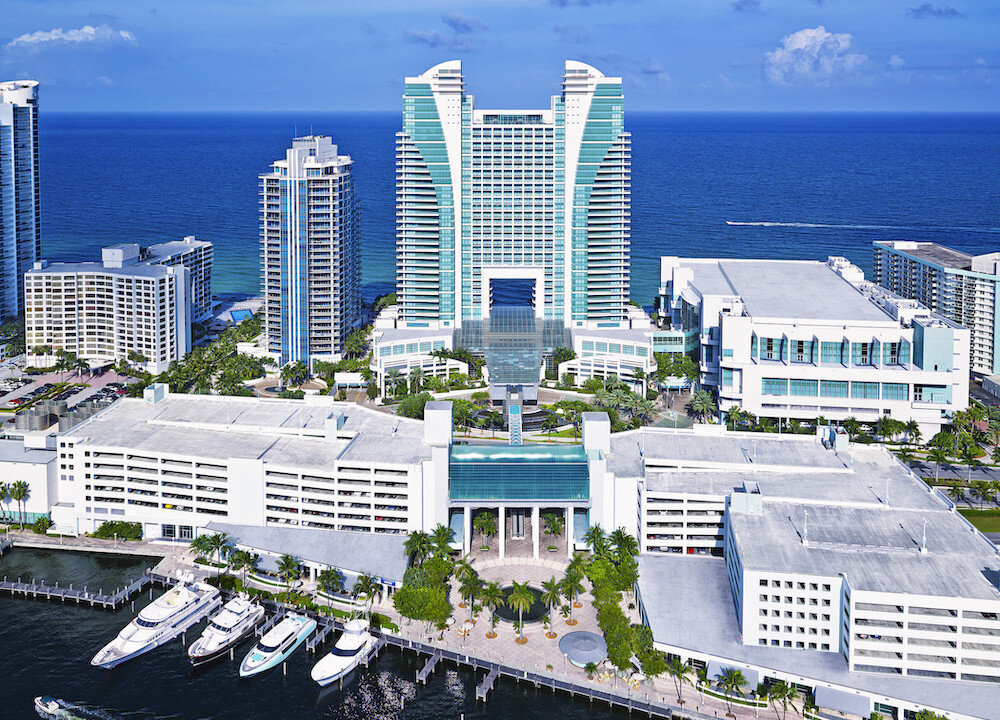 An eastward facing view of the Diplomat Beach Resort, showcasing its position along the Intercoastal Waterway and Atlantic Ocean in Hollywood, Fl. (Courtesy of The Diplomat Beach Resort)