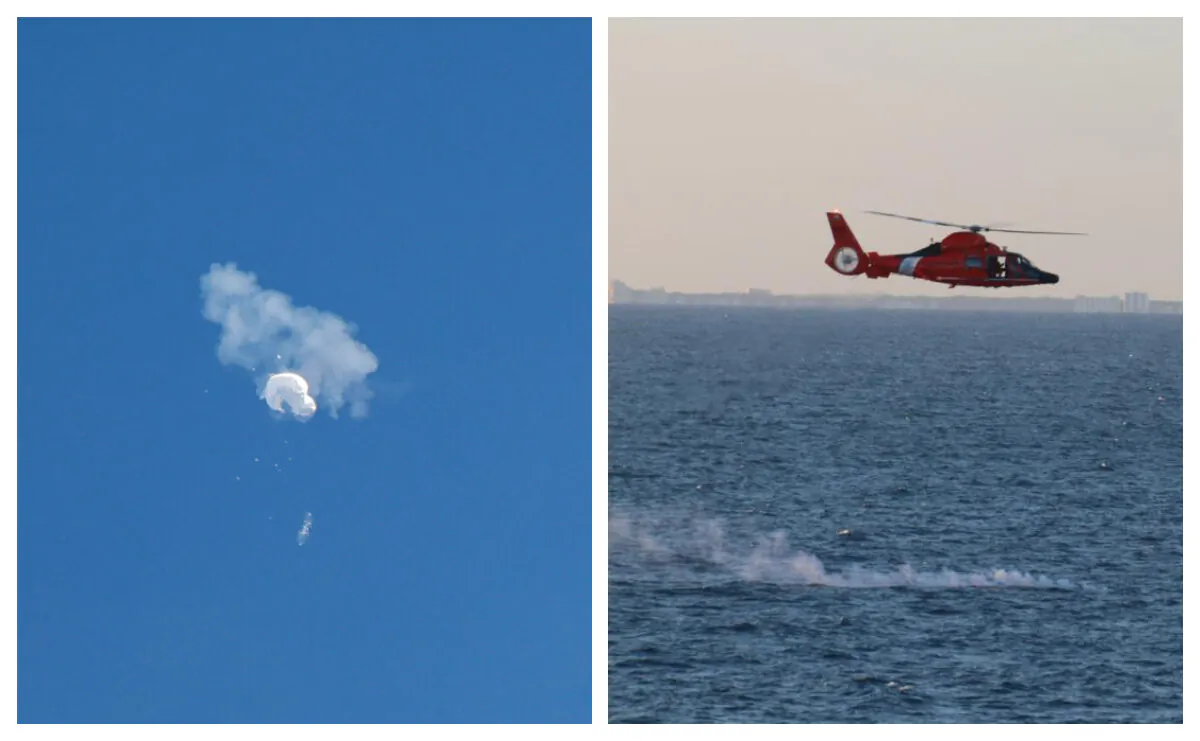 The Chinese spy balloon drifts to the ocean after being shot down off the coast in Surfside Beach, S.C., on Feb. 4, 2023.; and a U.S. Coast Guard helicopter flies over a debris field during recovery efforts on Feb. 4, 2023. (Randall Hill/Reuters); U.S. Navy photo by Lt. j.g. Jerry Ireland)