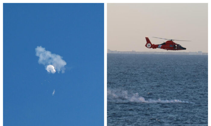 The Chinese spy balloon drifts to the ocean after being shot down off the coast in Surfside Beach, S.C., on Feb. 4, 2023.; and a U.S. Coast Guard helicopter flies over a debris field during recovery efforts on Feb. 4, 2023. (Randall Hill/Reuters); U.S. Navy photo by Lt. j.g. Jerry Ireland)