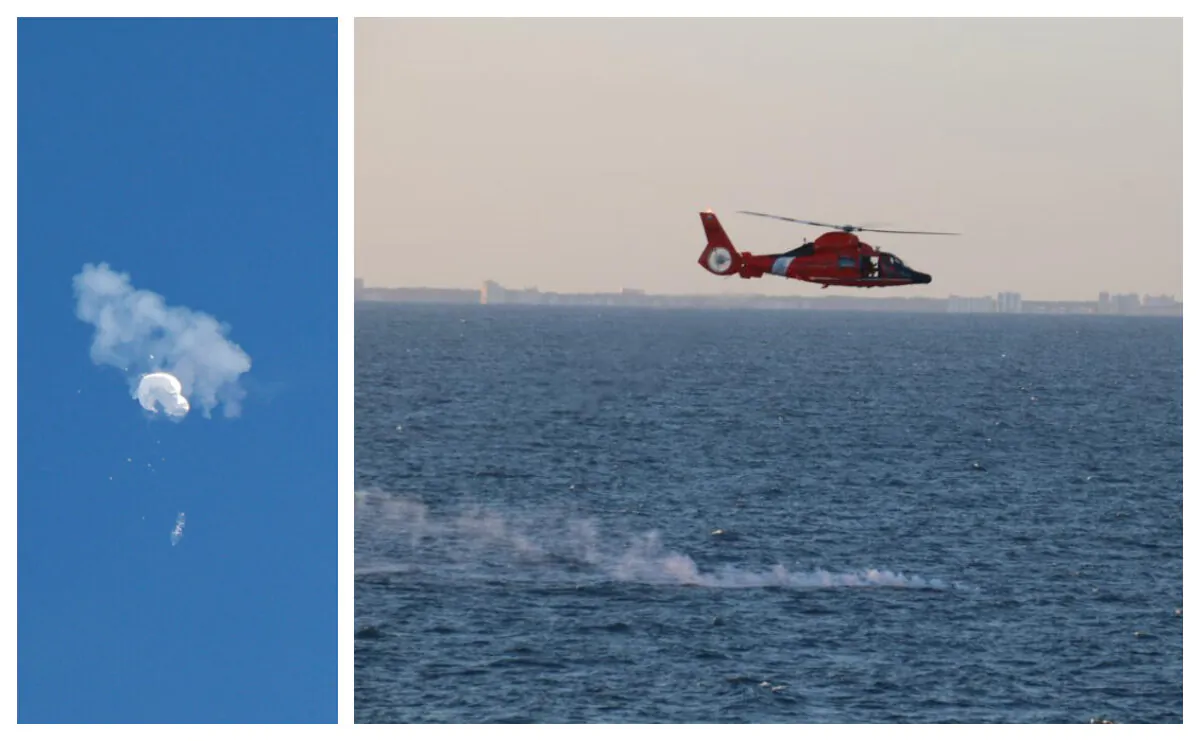 The Chinese spy balloon drifts to the ocean after being shot down off the coast in Surfside Beach, S.C., on Feb. 4, 2023.; and a U.S. Coast Guard helicopter flies over a debris field during recovery efforts on Feb. 4, 2023. (Randall Hill/Reuters); U.S. Navy photo by Lt. j.g. Jerry Ireland)