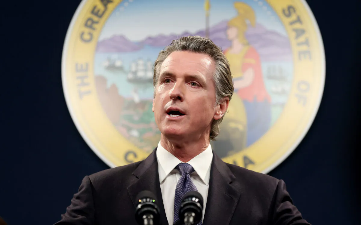 California Gov. Gavin Newsom speaks during a press conference in Sacramento, Calif., on Feb. 1, 2023. (Justin Sullivan/Getty Images)