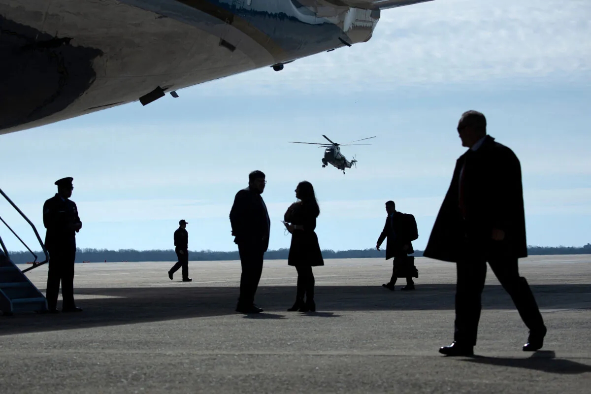 Marine One with U.S. President Joe Biden and First Lady Jill Biden lands near Air Force One at Andrews Air Force Base in Maryland on March 2, 2022. (Brendan Smialowski/AFP via Getty Images)