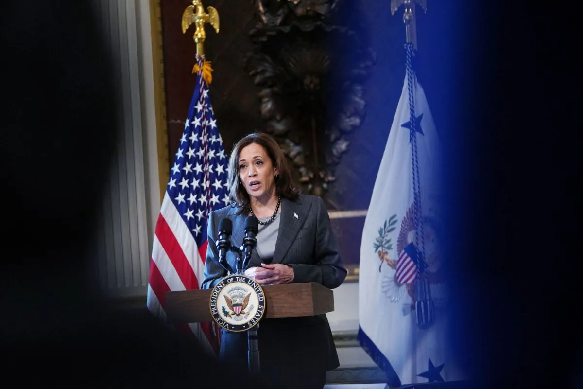 U.S. Vice President Kamala Harris speaks during a meeting with U.S. government leaders and private sector representatives to address the root causes of migration from northern Central America, in the Indian Treaty Room of the Eisenhower Executive Office Building, next to the White House, in Washington on Feb. 6, 2023. (Mandel Ngan/AFP via Getty Images)