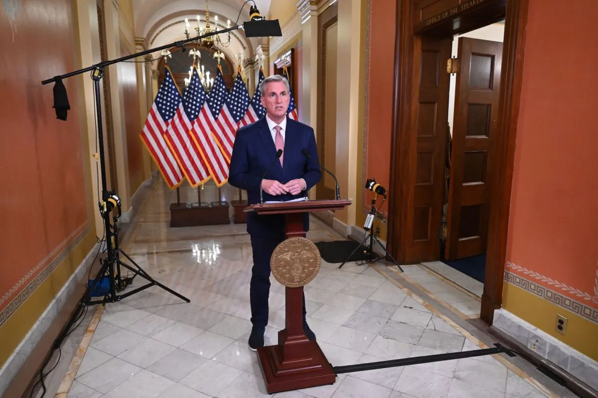 U.S. Speaker of the House Kevin McCarthy (R-Calif.) delivers remarks on the debt ceiling at the U.S. Capitol in Washington on Feb. 6, 2023. (Saul Loeb/AFP via Getty Images)