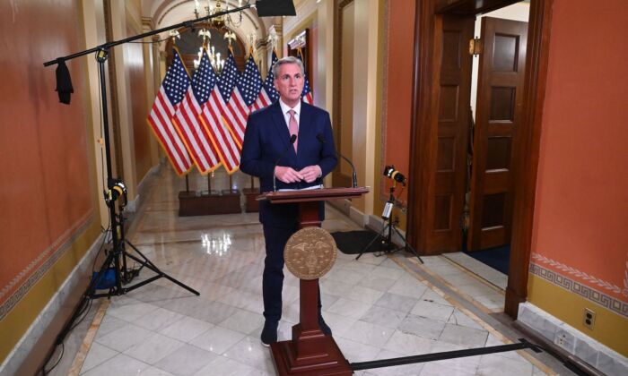 U.S. Speaker of the House Kevin McCarthy (R-Calif.) delivers remarks on the debt ceiling at the U.S. Capitol in Washington on Feb. 6, 2023. (Saul Loeb/AFP via Getty Images)