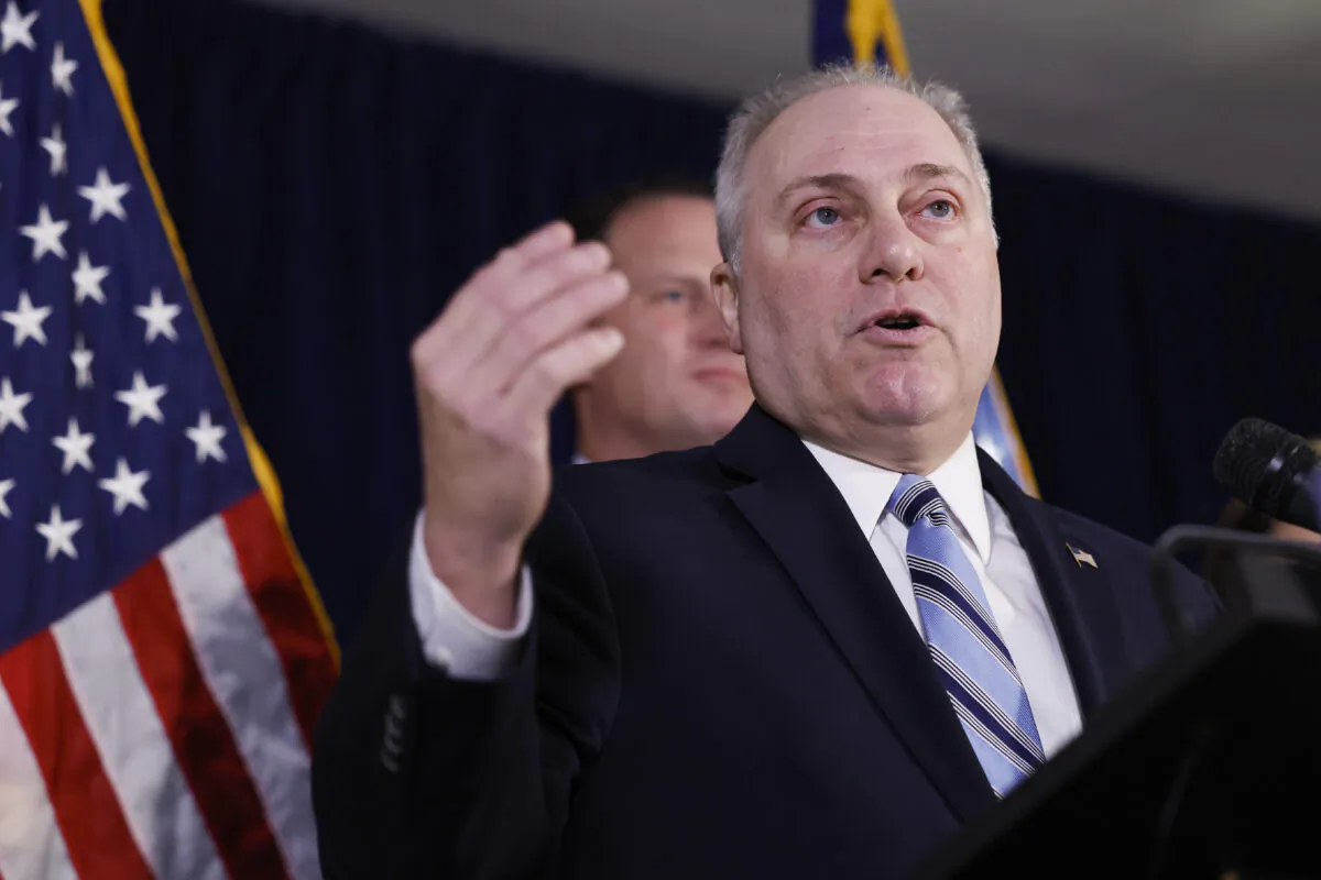 House Majority Leader Steve Scalise (R-La.) speaks at a press conference at the RNC headquarters on Capitol Hill in Washington, on Jan. 25, 2023. (Anna Moneymaker/Getty Images)