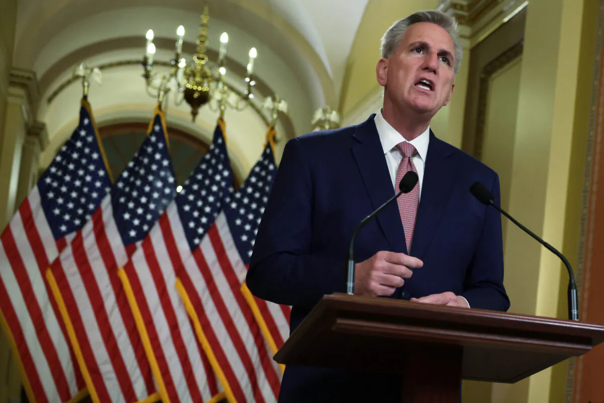 Speaker of the House Rep. Kevin McCarthy (R-Calif.) speaks on debt ceiling outside his office at the U.S. Capitol in Washington, on Feb. 6, 2023. Speaker McCarthy, (Alex Wong/Getty Images)