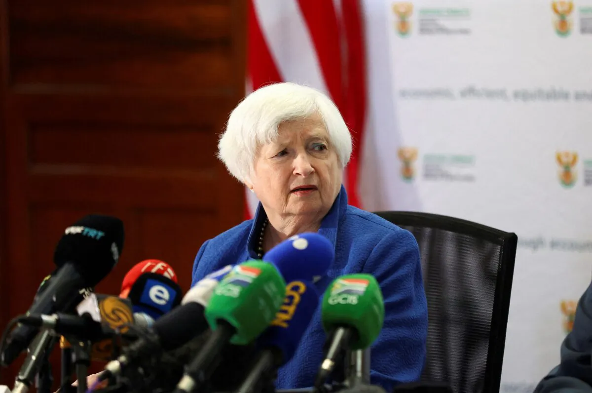 U.S. Treasury Secretary Janet Yellen attends media briefing ahead of bilateral talks with South Africa's Finance Minister Enoch Godongwana (not pictured), at the treasury offices in Pretoria, South Africa, on Jan. 26, 2023. (Siphiwe Sibeko/Reuters)