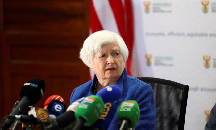 U.S. Treasury Secretary Janet Yellen attends media briefing ahead of bilateral talks with South Africa's Finance Minister Enoch Godongwana (not pictured), at the treasury offices in Pretoria, South Africa, on Jan. 26, 2023. (Siphiwe Sibeko/Reuters)