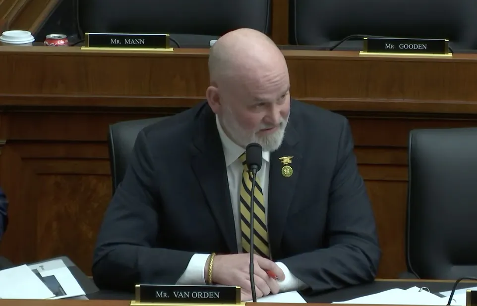 Rep. Derrick Van Orden asks questions during a meeting of the House Transportation and Infrastructure Committee in Washington, on Feb. 7, 2023. (Janice Hisle/The Epoch Times via screenshot of live video)