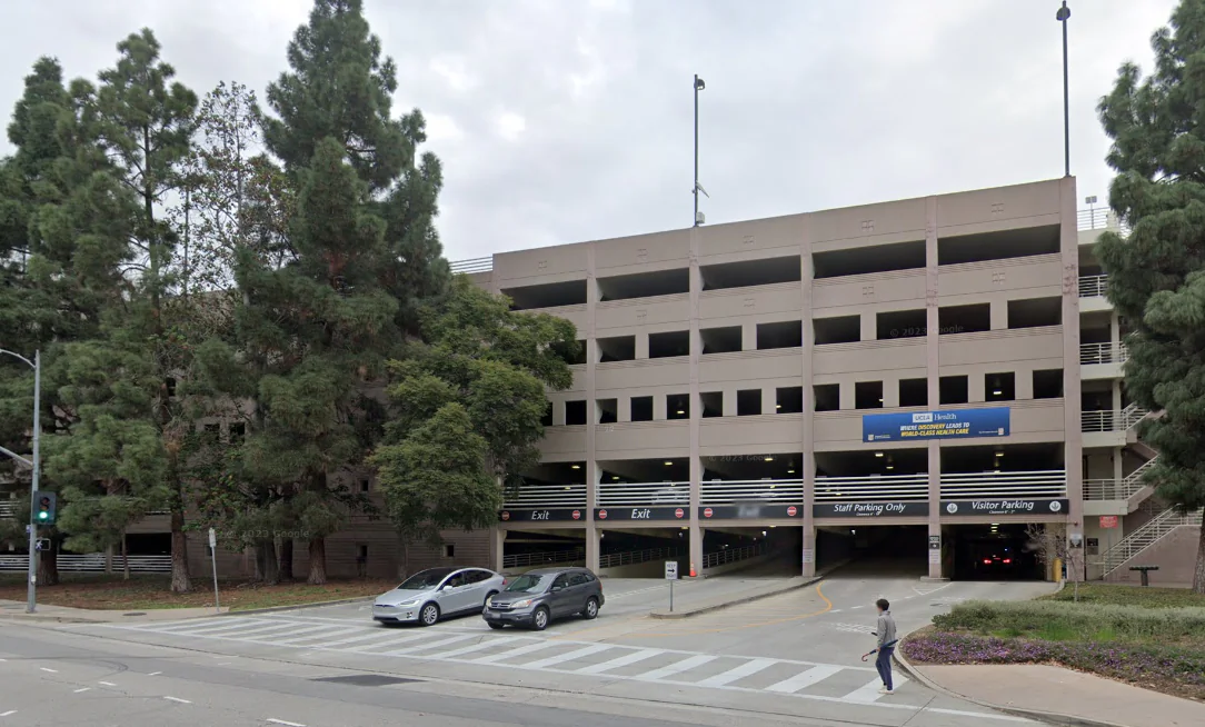 UCLA Parking Structure 1 on Gayley Avenue is seen in this photo. (Screenshot via Google Street View)