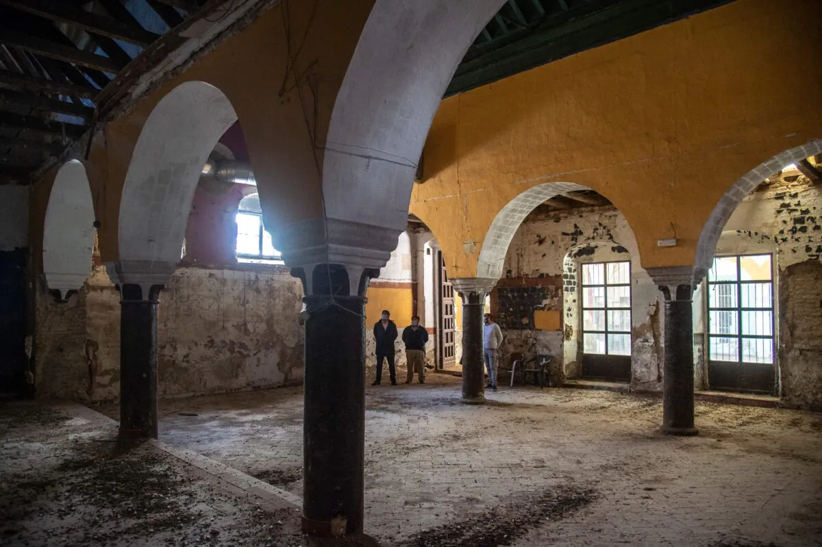Technicians look at the remains of a 14th century synagogue in Utrera, Sevilla province, Spain, on March 18, 2021. (Cristina Quicler/AFP via Getty Images)