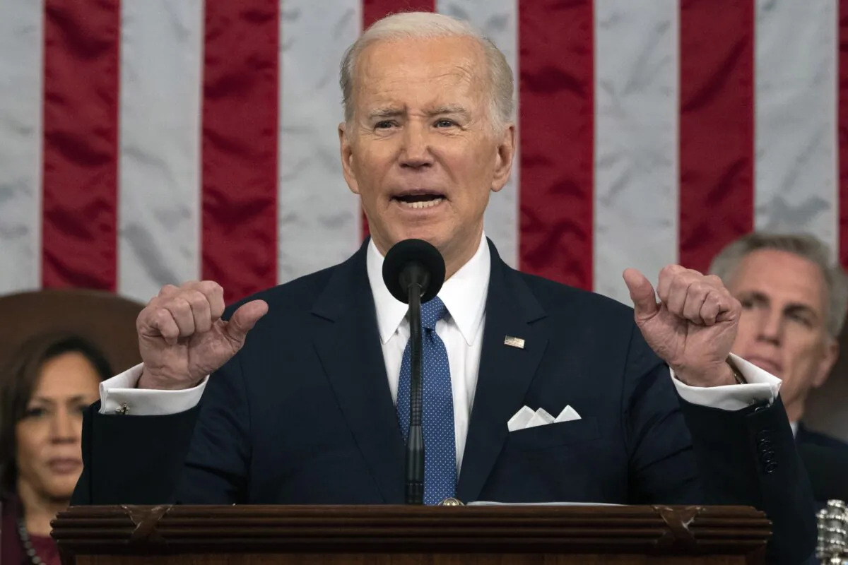 President Joe Biden delivers the State of the Union address to a joint session of Congress as Vice President Kamala Harris and House Speaker Kevin McCarthy (R-Calif.) listen in the House Chamber of the Capitol in Washington on Feb. 7, 2023. (Jacquelyn Martin/Pool/Getty Images)
