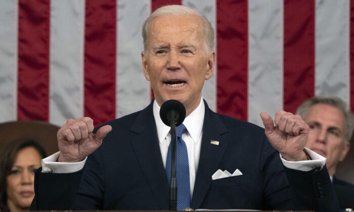 President Joe Biden delivers the State of the Union address to a joint session of Congress as Vice President Kamala Harris and House Speaker Kevin McCarthy (R-Calif.) listen in the House Chamber of the U.S. Capitol on Feb. 7, 2023. (Jacquelyn Martin/Pool/Getty Images)