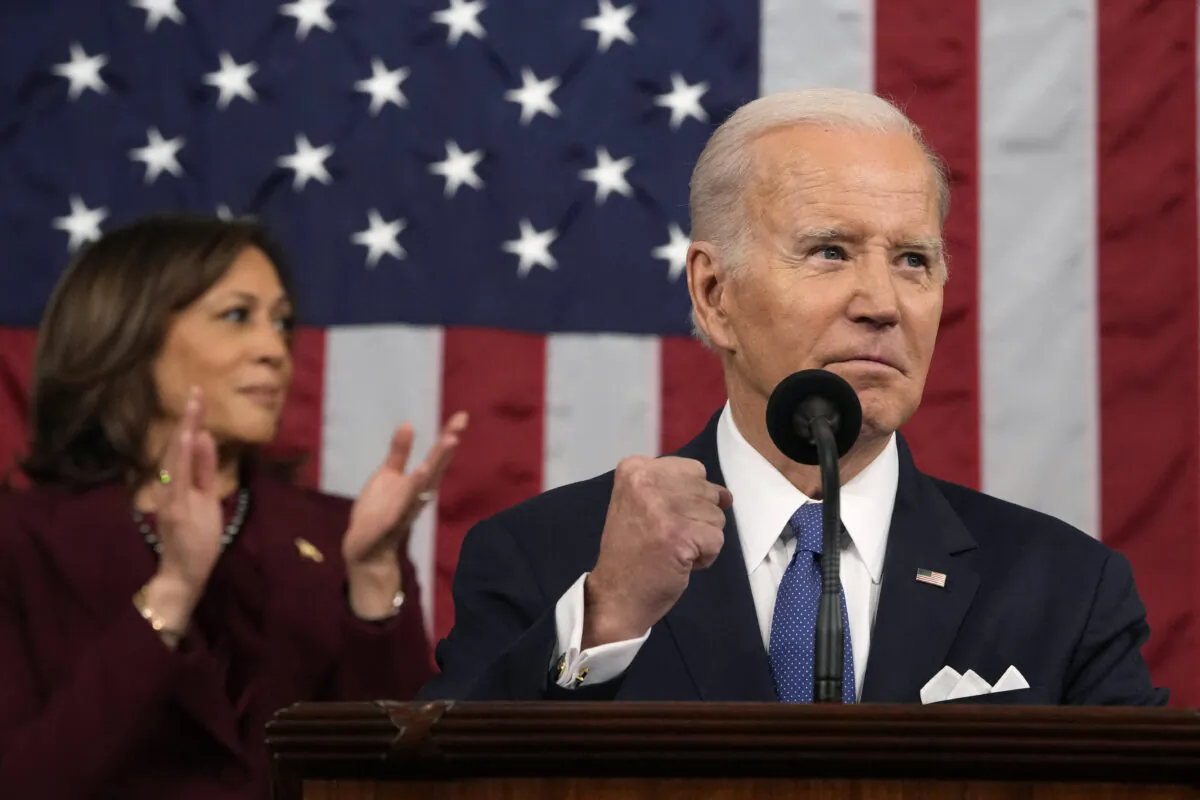 Vice President Kamala Harris applauds as President Joe Biden delivers the State of the Union address in the House Chamber of the US Capitol in Washington, on Feb. 7, 2023. (Jacquelyn Martin/POOL/AFP via Getty Images)