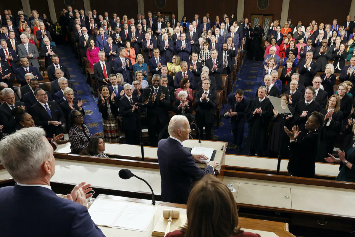 U.S. Vice President Kamala Harris and US Speaker of the House Kevin McCarthy (R-Calif.) listen as U.S. President Joe Biden delivers the State of the Union address in the House Chamber of the US Capitol in Washington on Feb. 7, 2023. (Kevin Dietsch/POOL/AFP via Getty Images)