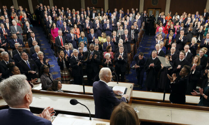 U.S. Vice President Kamala Harris and US Speaker of the House Kevin McCarthy (R-Calif.) listen as U.S. President Joe Biden delivers the State of the Union address in the House Chamber of the US Capitol in Washington on Feb. 7, 2023. (Kevin Dietsch/POOL/AFP via Getty Images)