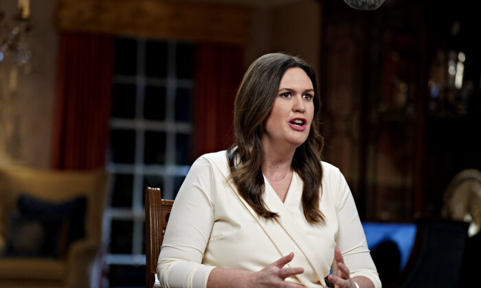 Arkansas Gov. Sarah Huckabee Sanders delivers the Republican response to the State of the Union address by President Joe Biden on Feb. 7, 2023 in Little Rock, Arkansas. (Al Drago-Pool/Getty Images)