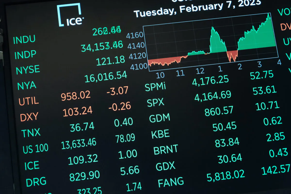 An electric trading board sits above traders work on the floor of the New York Stock Exchange, on Feb. 7, 2023. (Spencer Platt/Getty Images)