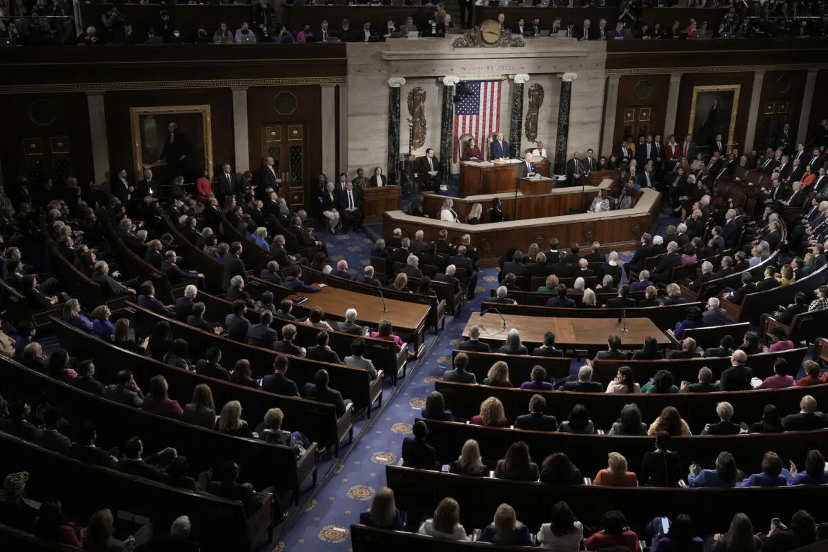 President Joe Biden delivers his State of the Union address during a joint meeting of Congress in the House Chamber of the U.S. Capitol on Feb. 7, 2023, in Washington. The speech marks Biden's first address to the new Republican-controlled House. (Drew Angerer/Getty Images)