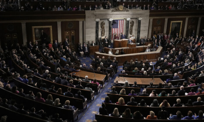 U.S. President Joe Biden delivers his State of the Union address during a joint meeting of Congress in the House Chamber of the U.S. Capitol in Washington, on Feb. 7, 2023. (Drew Angerer/Getty Images)