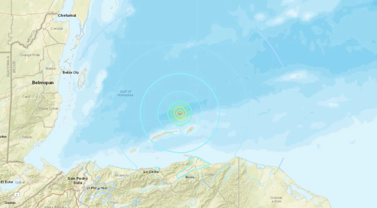A map shows the location of an earthquake off the coast of Honduras, near the popular tourist spot of Roatan island, on Feb. 8, 2023. (USGS)