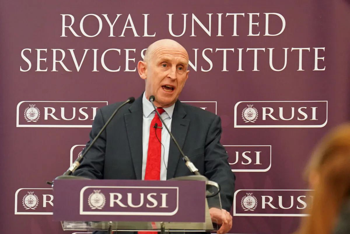 Labour shadow defence secretary John Healey speaks at the Institute of Directors, hosted by RUSI, in London, on Feb. 7, 2023. (James Manning/PA Media)