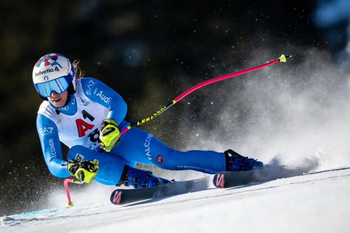 Italy's Marta Bassino competes during the Women's Super-G event of the FIS Alpine Ski World Championship 2023 in Meribel, French Alps, on Feb. 8, 2023. (Fabrice Coffrini/AFP via Getty Images)