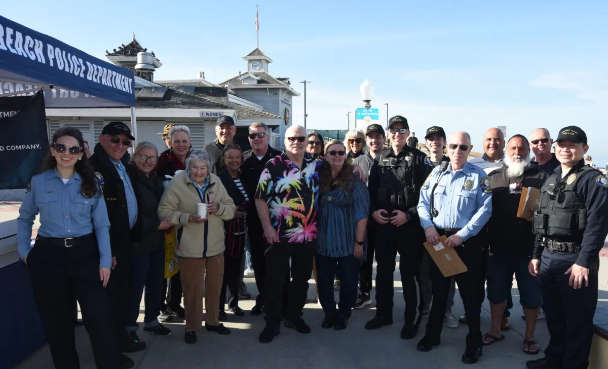 Newport Beach Police Department officers, volunteers, and members of the community gather for the Mobile Café at McFadden Square in Newport Beach, Calif., on Feb. 4, 2023. (Courtesy of Newport Beach Police Department)