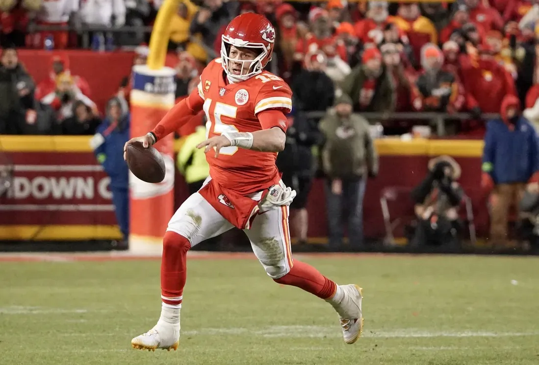 Kansas City Chiefs quarterback Patrick Mahomes (15) against the Cincinnati Bengals during the AFC Championship game at GEHA Field at Arrowhead Stadium in Kansas City, Miss., on Jan. 29, 2023. (Denny Medley-USA TODAY Sports via Field Level Media)