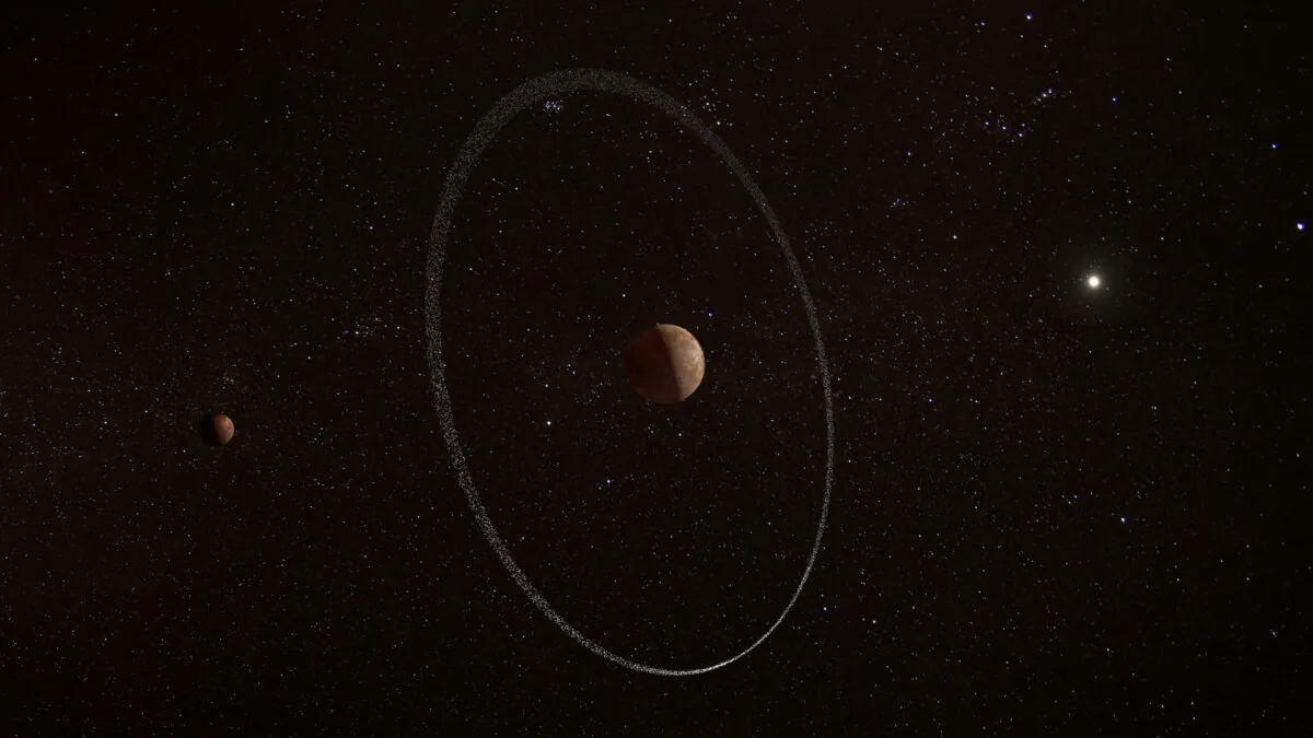 The frigid distant world Quaoar, orbiting in our solar system beyond Pluto, surrounded by its newly discovered ring, along with its moon Weywot in an illustration. (ESA, CC BY-SA 3.0 IGO/Handout via Reuters)