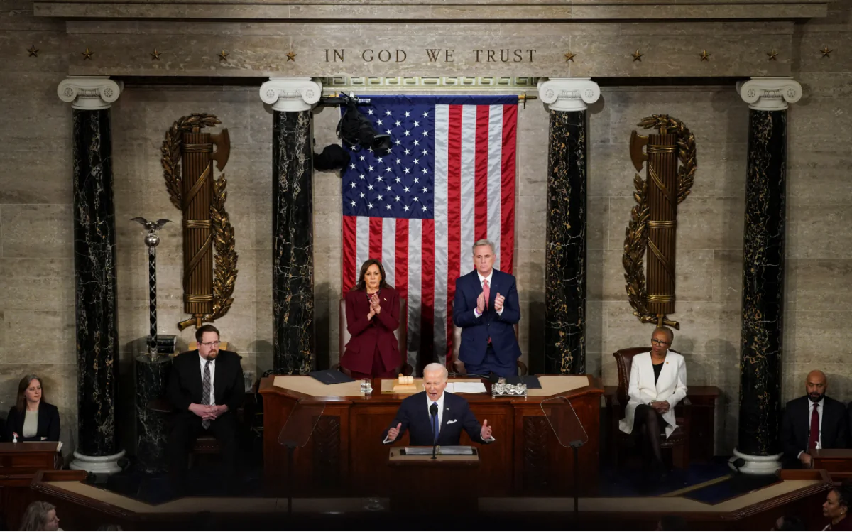President Joe Biden delivers his State of the Union address before a joint session of Congress as Vice President Kamala Harris and Speaker of the House Kevin McCarthy applaud in the House Chamber at the U.S. Capitol on Feb. 7, 2023. (Reuters/Kevin Lamarque)
