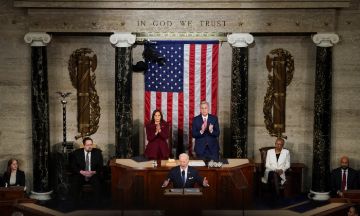 President Joe Biden delivers his State of the Union address before a joint session of Congress as Vice President Kamala Harris and Speaker of the House Kevin McCarthy applaud in the House Chamber at the U.S. Capitol on Feb. 7, 2023. (Reuters/Kevin Lamarque)