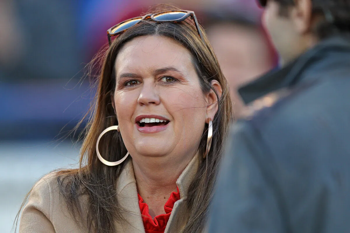 Gov. Sarah Huckabee Sanders of Arkansas attends the AutoZone Liberty Bowl game between the Kansas Jayhawks and the Arkansas Razorbacks at Simmons Bank Liberty Stadium in Memphis, Tenn., on Dec. 28, 2022 . (Justin Ford/Getty Images)