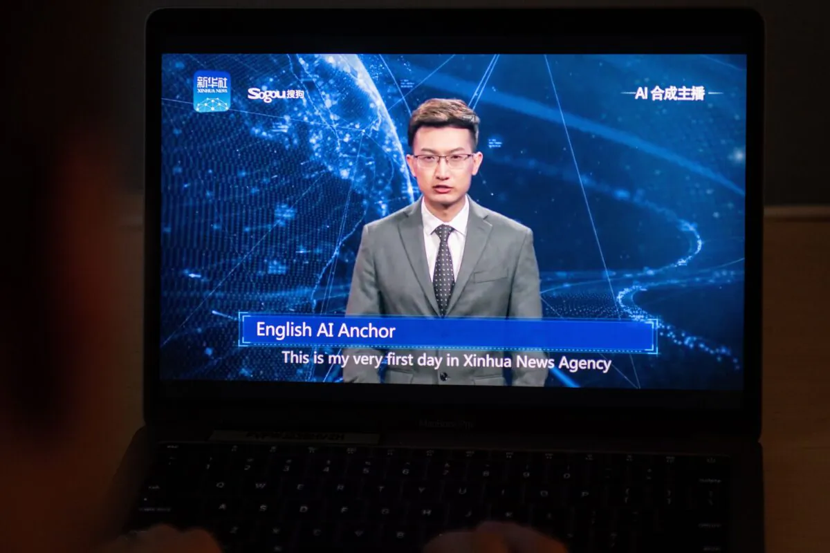 A screen shows an artificial intelligence (AI) news anchor from a state-controlled news broadcaster, in Beijing, on Nov. 9, 2018. (Nicolas Asfouri/AFP via Getty Images)
