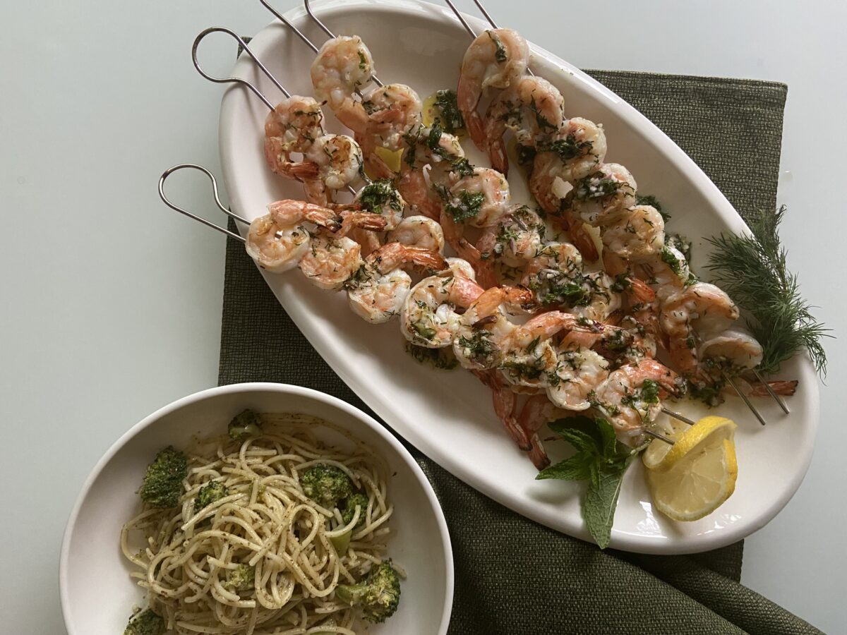 Fresh herbs and lemon brighten these grilled—or broiled—shrimp skewers. (JeanMarie Brownson)