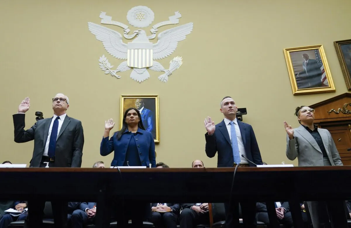 From left, James Baker, former Deputy General Counsel of Twitter, Vijaya Gadde, former Chief Legal Officer of Twitter, Yoel Roth, former Global Head of Trust & Safety of Twitter, and former Twitter employee Anika Collier Navaroli, are sworn in to testify during a House Committee on Oversight and Accountability hearing on Capitol Hill in Washington on Feb. 8, 2023. (Carolyn Kaster/AP Photo)
