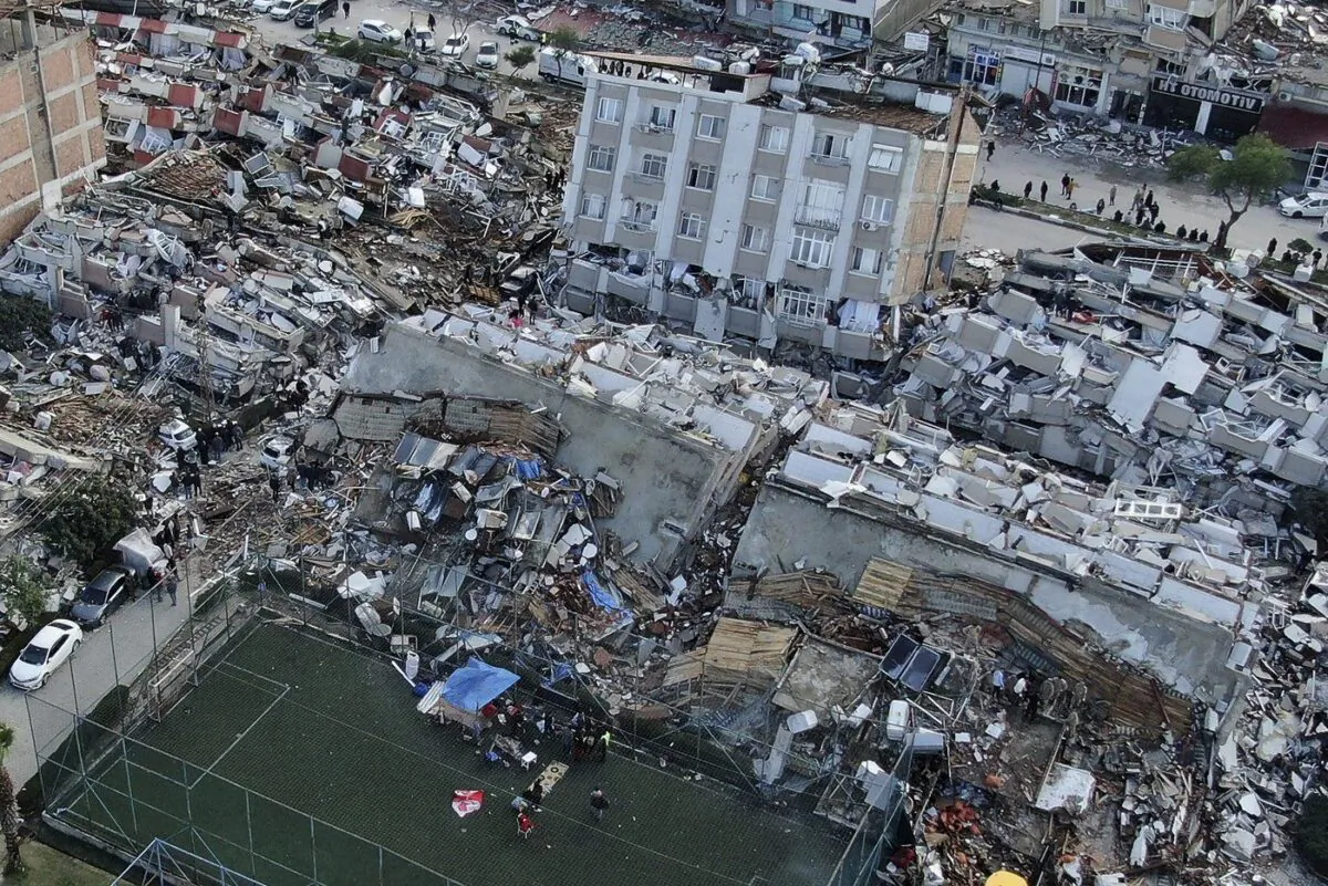 Aerial photo shows the destruction in Hatay city centre, southern Turkey, Feb. 7, 2023. (The Canadian Press/AP, IHA)