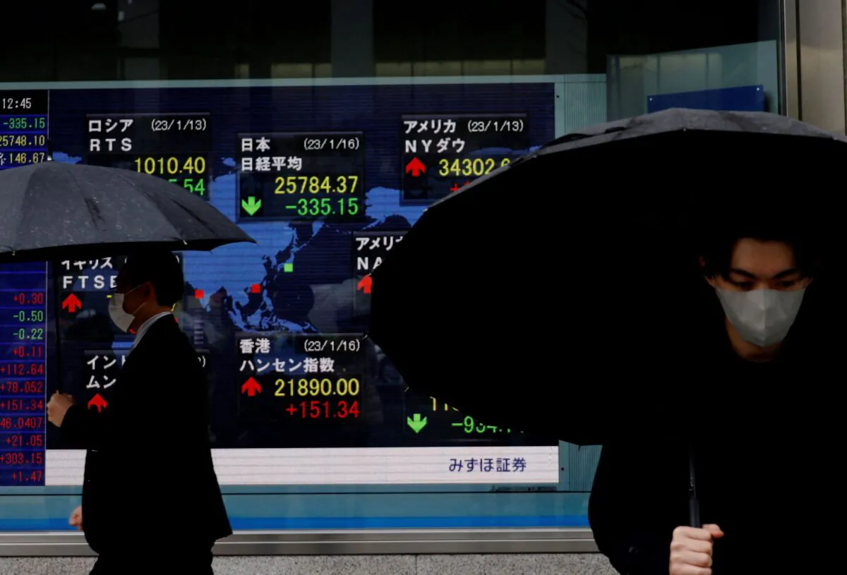 Men walk past an electric board displaying Nikkei and other countries' indexes outside a brokerage in Tokyo, Japan, on Jan. 16, 2023. (Kim Kyung-Hoon/Reuters)