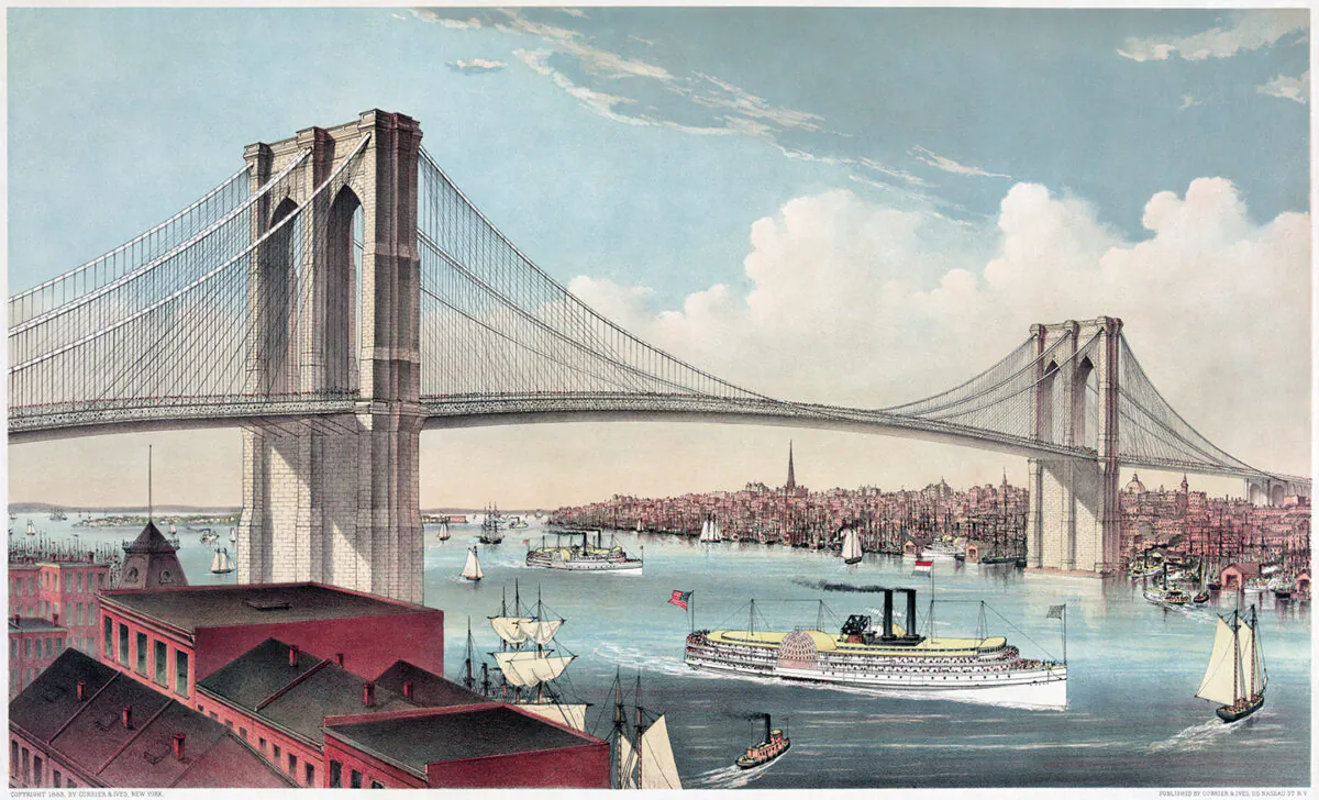 The worlds longest suspension bridge upon its completion in 1883, the Brooklyn Bridge was the first bridge built on the East River. Chromolithograph of the Brooklyn Bridge in New York by Currier and Ives. Library of Congress. (Public Domain)
