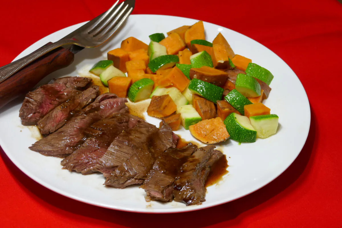 Glazed Steak with Sweet Potatoes and Zucchini. (Linda Gassenheimer/TNS)