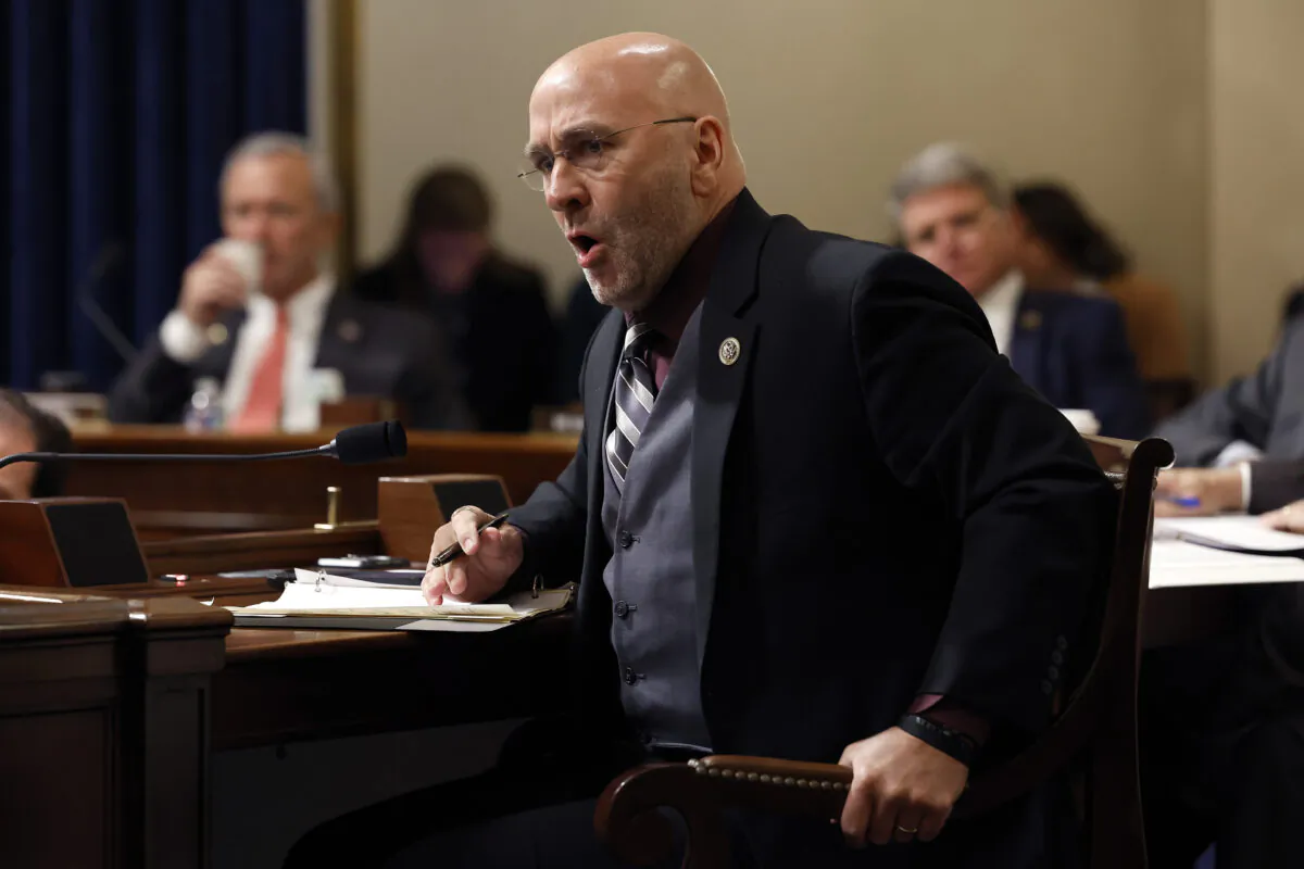 Rep. Clay Higgins (R-La.) questions Federal Bureau of Investigation Director Christopher Wray about conspiracy theories related to the Jan. 6, 2020 attack on the U.S. Capitol during a hearing of the House Homeland Security Committee in the Cannon House Office Building on Capitol Hill in Washington, on Nov. 15, 2022. (Chip Somodevilla/Getty Images)