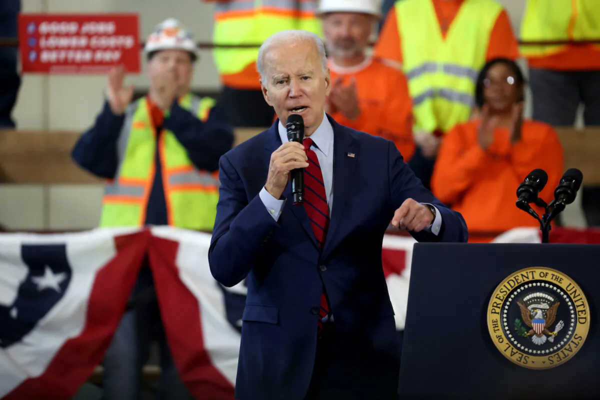 U.S. President Joe Biden speaks to guests at the Laborers’ International Union of North America (LIUNA) training center in De Forest, Wis. on Feb. 8, 2023. The visit came a day after his State of the Union address in Washington. (Scott Olson/Getty Images)