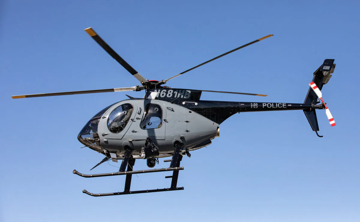 Huntington Beach's newest MD 530 F patrol helicopter in Huntington Beach, Calif., on Feb. 8, 2023. (John Fredricks/The Epoch Times)