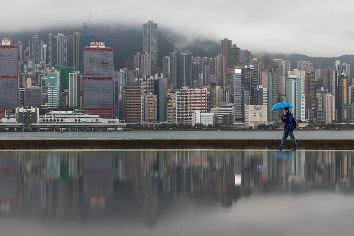 A waterfront next to Victoria Harbour in Hong Kong on March 23, 2022. (Dale De La Rey/AFP/Getty Images)