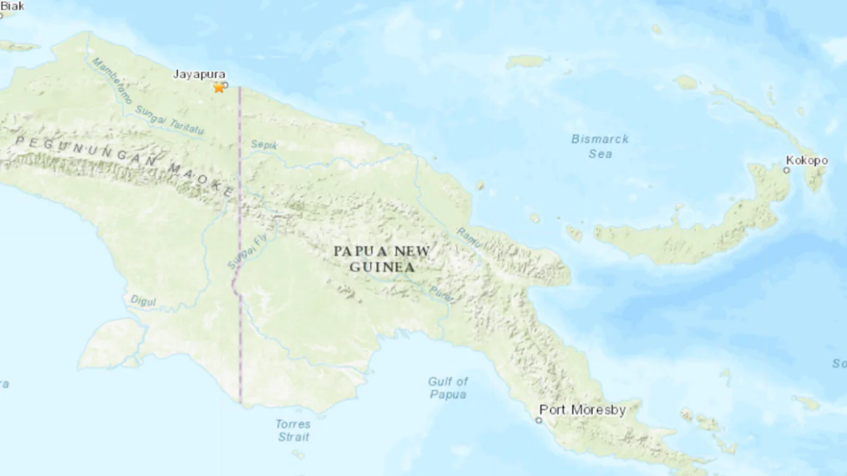 A map showing Papua province, Indonesia, on Feb. 9, 2023. (USGS/Screenshot via The Epoch Times)