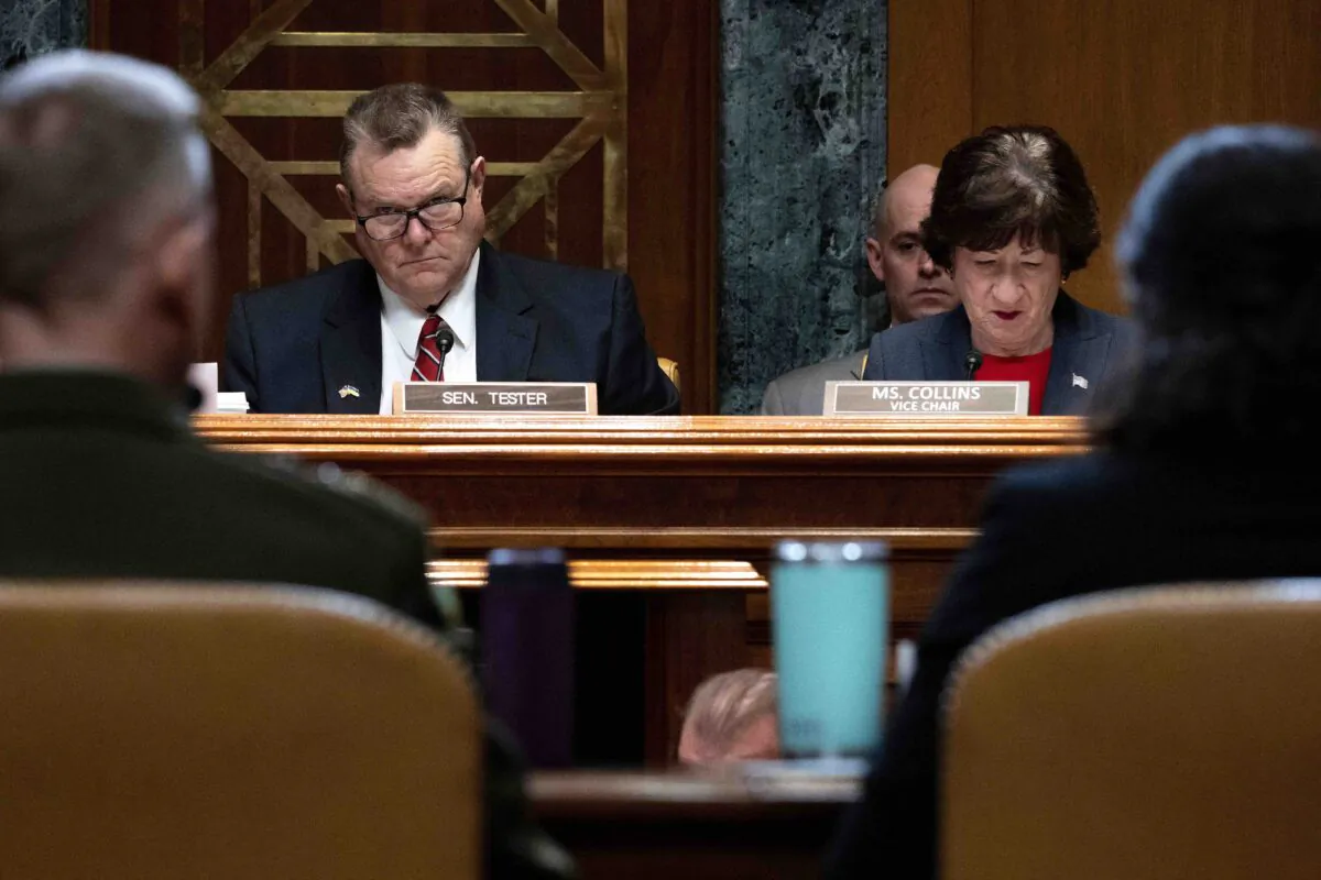 Chairman of the Senate Appropriations Committee's Subcommittee on Defense Senator Jon Tester (D-Mont.) and ranking member Senator Susan Collins (R-Maine) listen as Assistant Secretary of Defense For Homeland Defense And Hemispheric Affairs Melissa Dalton (R) speaks with Director for Operations for Joint Staff LTG Douglas Sims II (L) during the committee's Subcommittee on Defense hearing "to determine what decisions went into how we dealt with the Chinese spy balloon" on Capitol Hill in Washington on Feb. 9, 2023. (Jim Watson/AFP via Getty Images)
