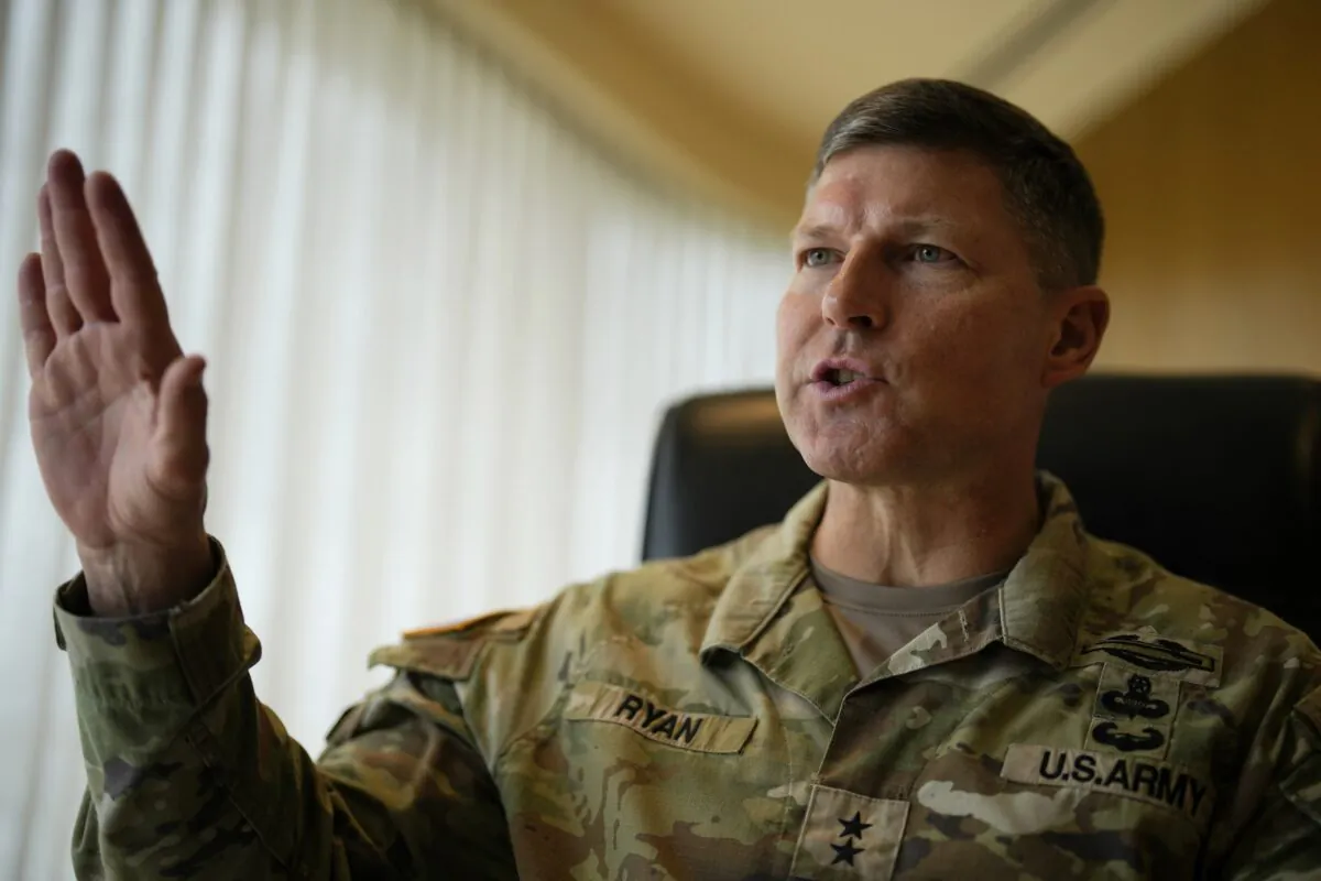 Commanding General of the U.S. Army's 25th Infantry Division based in Hawaii, Maj. Gen. Joseph Ryan gestures as he speaks to The Associated Press in Manila, Philippines, on Feb. 8, 2023. (Aaron Favila/AP Photo)
