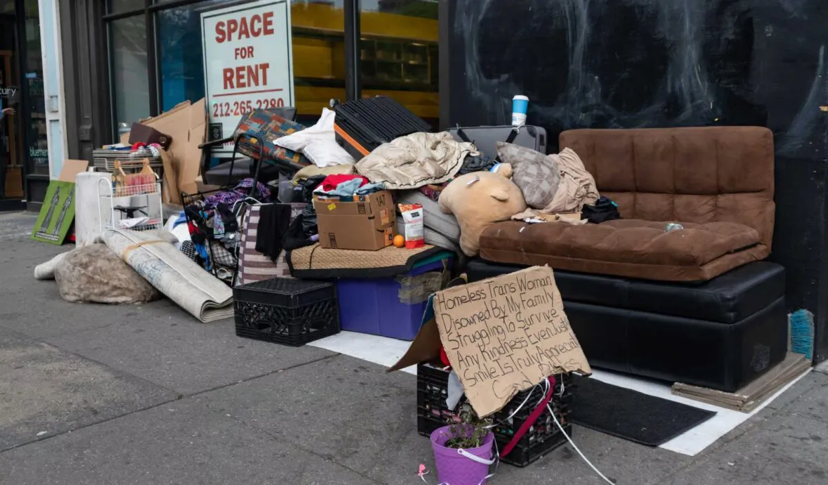 Homeless encampment along a sidewalk in Manhattan, New York City, N.Y. on May 7, 2021. (James Andrews1/Shutterstock)