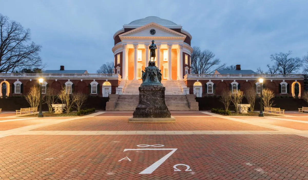 The University of Virginia in Charlottesville, Va., at night on Feb 19, 2017. Thomas Jefferson founded the University of Virginia in 1819. (Felix Lipov/Shutterstock)